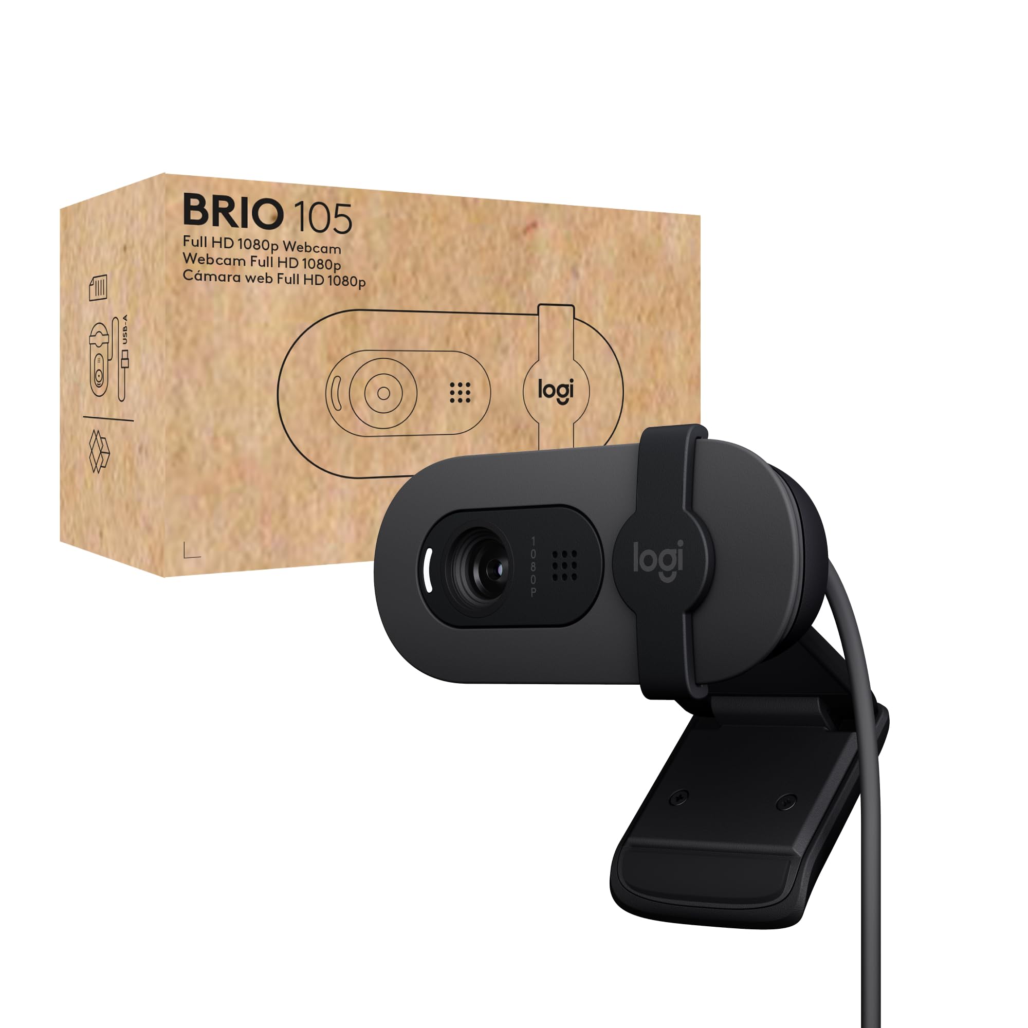 Logitech Brio 105 Full HD 1080p Business Webcam with Auto-Light Balance, USB-A, Privacy Shutter, Easy Set-Up
