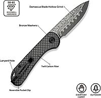 CIVIVI Elementum Slip Joint Pocket Knife for EDC, Folding Knife with 2.96" Damascus Blade Twill Carbon Fiber Handle C18062AJ-DS1