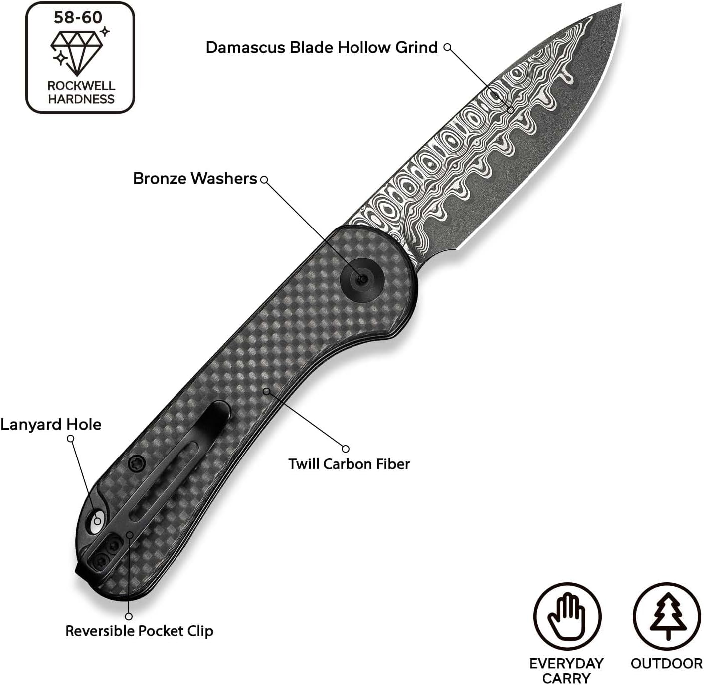 CIVIVI Elementum Slip Joint Pocket Knife for EDC, Folding Knife with 2.96" Damascus Blade Twill Carbon Fiber Handle