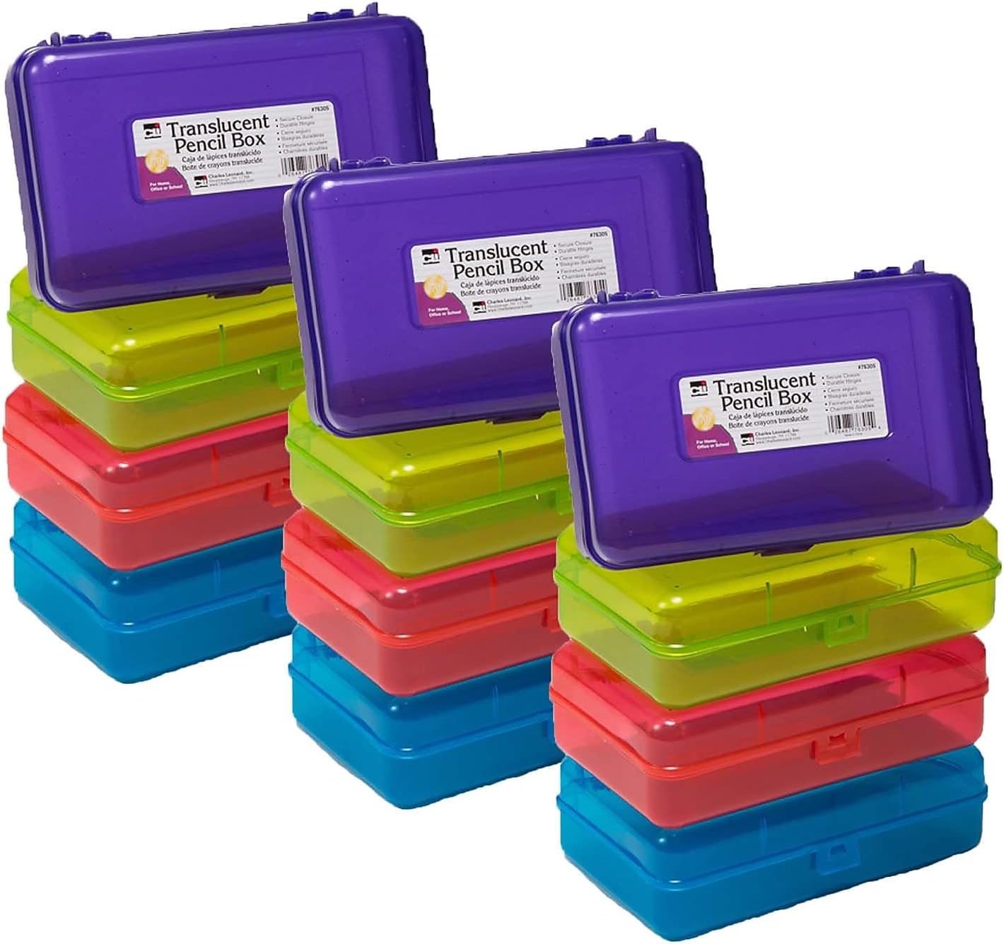 Charles Leonard Translucent Pencil Boxes, 5-1/4in x 2-1/2in x 8-1/4in, Assorted Colors, Pack Of 12 Boxes