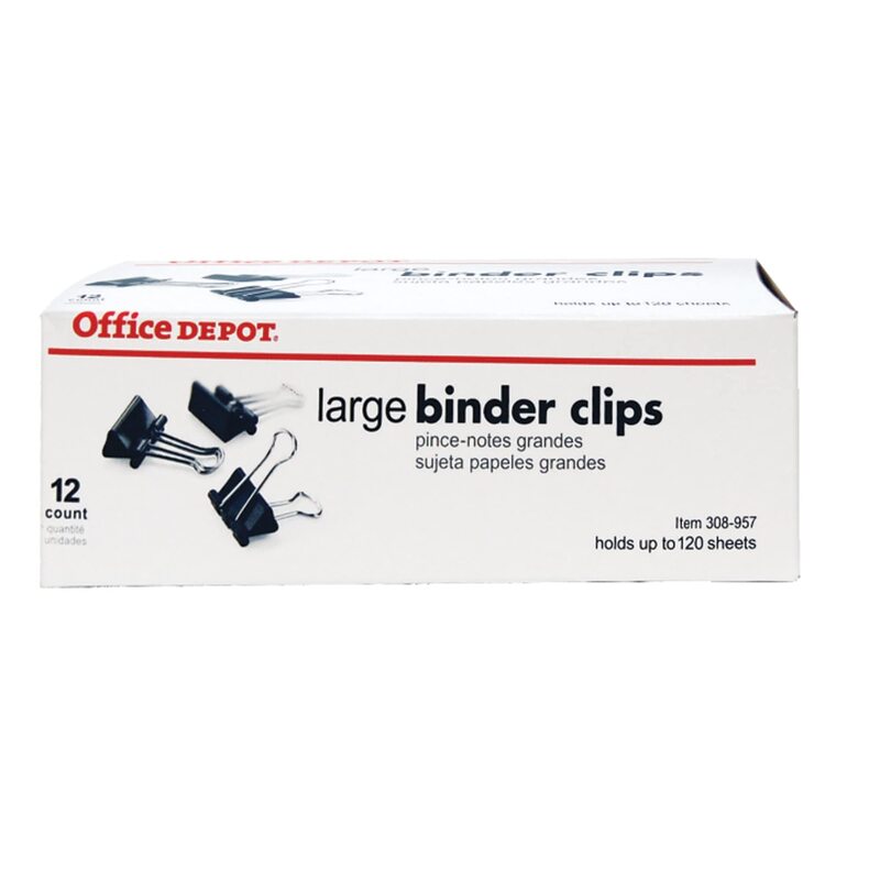 Office Depot Brand Binder Clips, Large, 2in Wide, 1in Capacity, Black, Box Of 12