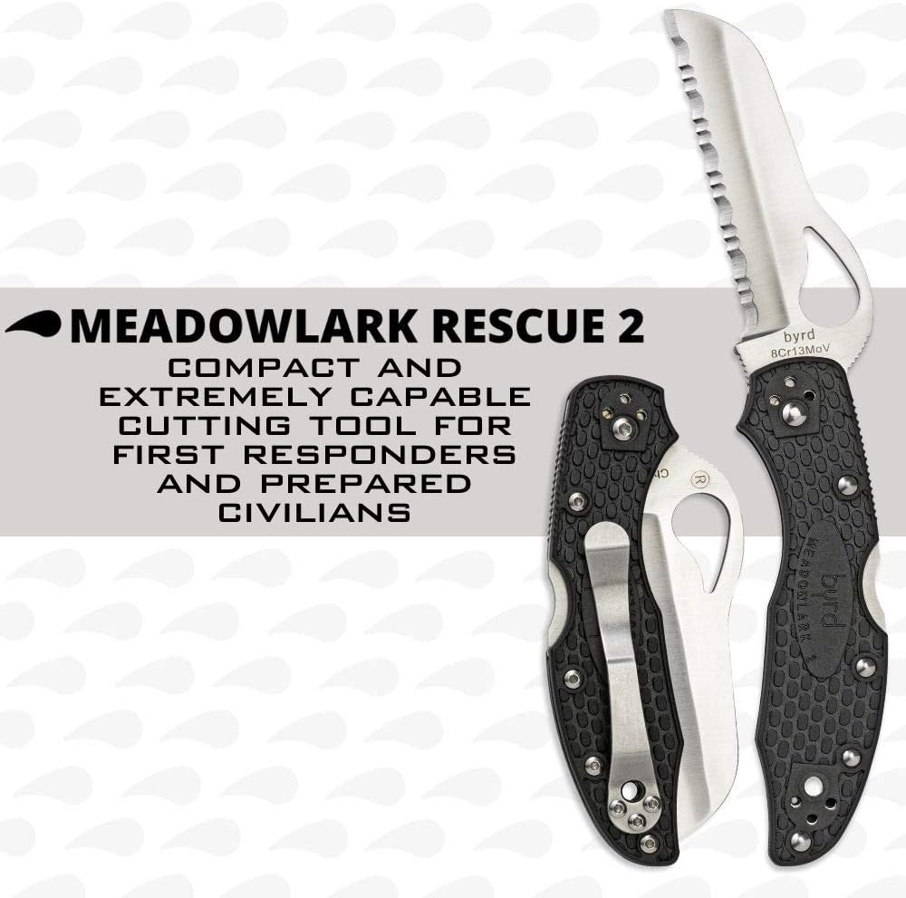 Byrd Meadowlark 2 Rescue Lightweight Knife with 3.05" Stainless Steel Sheepfoot Blade and High Performance Black FRN Handle