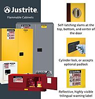 Justrite 22 Gallon Manual Close Slimline Flammable Storage Cabinet, 18 Gauge Steel, 3 Shelves, 2 Door Fire Cabinet