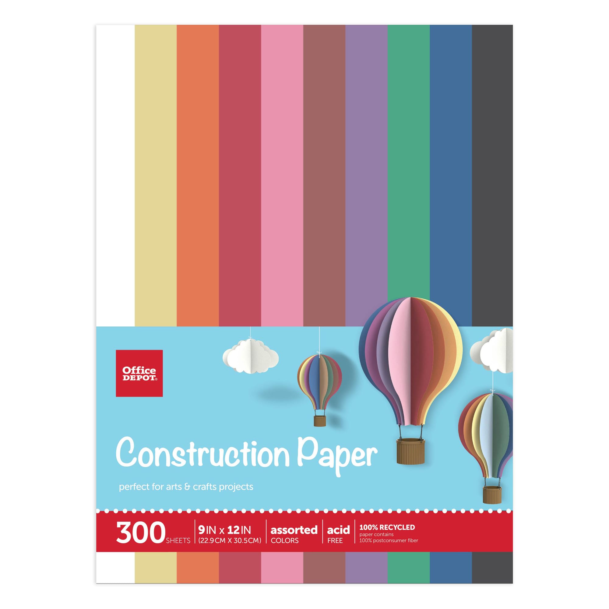 Office Depot® Brand Construction Paper, 9" x 12", 100% Recycled, Assorted Colors, Pack Of 300 Sheets