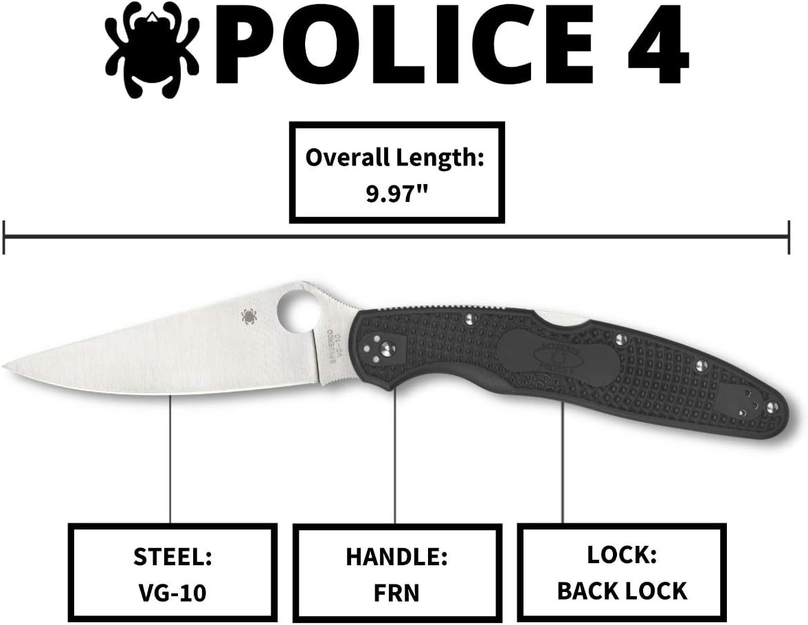 Spyderco Police 4 Lighweight Knife - Black FRN Handle with PlainEdge, Full-Flat, VG-10 Steel Blade and Back Lock - C07PBK4
