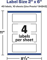 Avery Glossy White Rectangle Labels, Sure Feed Technology, 2" x 6", 40 Glossy White Labels, Print-to-The-Edge, Permanent Adhesive, Laser/Inkjet Printable 40 labels
