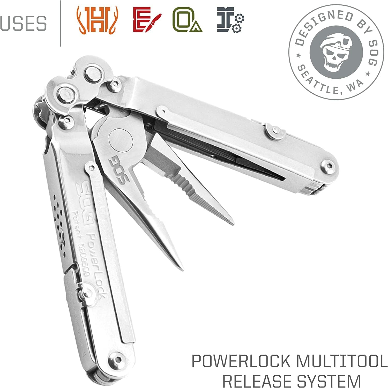 SOG PowerLock, Leather Pouch PowerLock w/scissors - Satin Finished