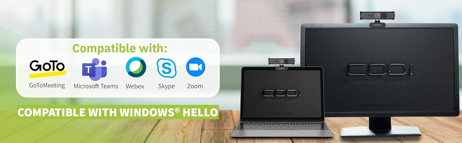 CODi Allocco HD 1080P Windows Hello Webcam with IR Facial Recognition & Noise-Canceling Mic – Autofocus, USB-A, Tripod Mount