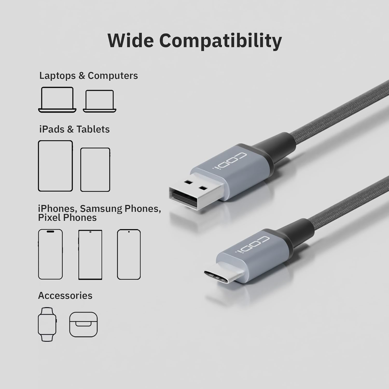 CODi 3ft Braided Nylon USB-A to USB-C Charging & Sync Cable – Fast Charge Compatible, Tangle-Free, Durable Aluminum Housing