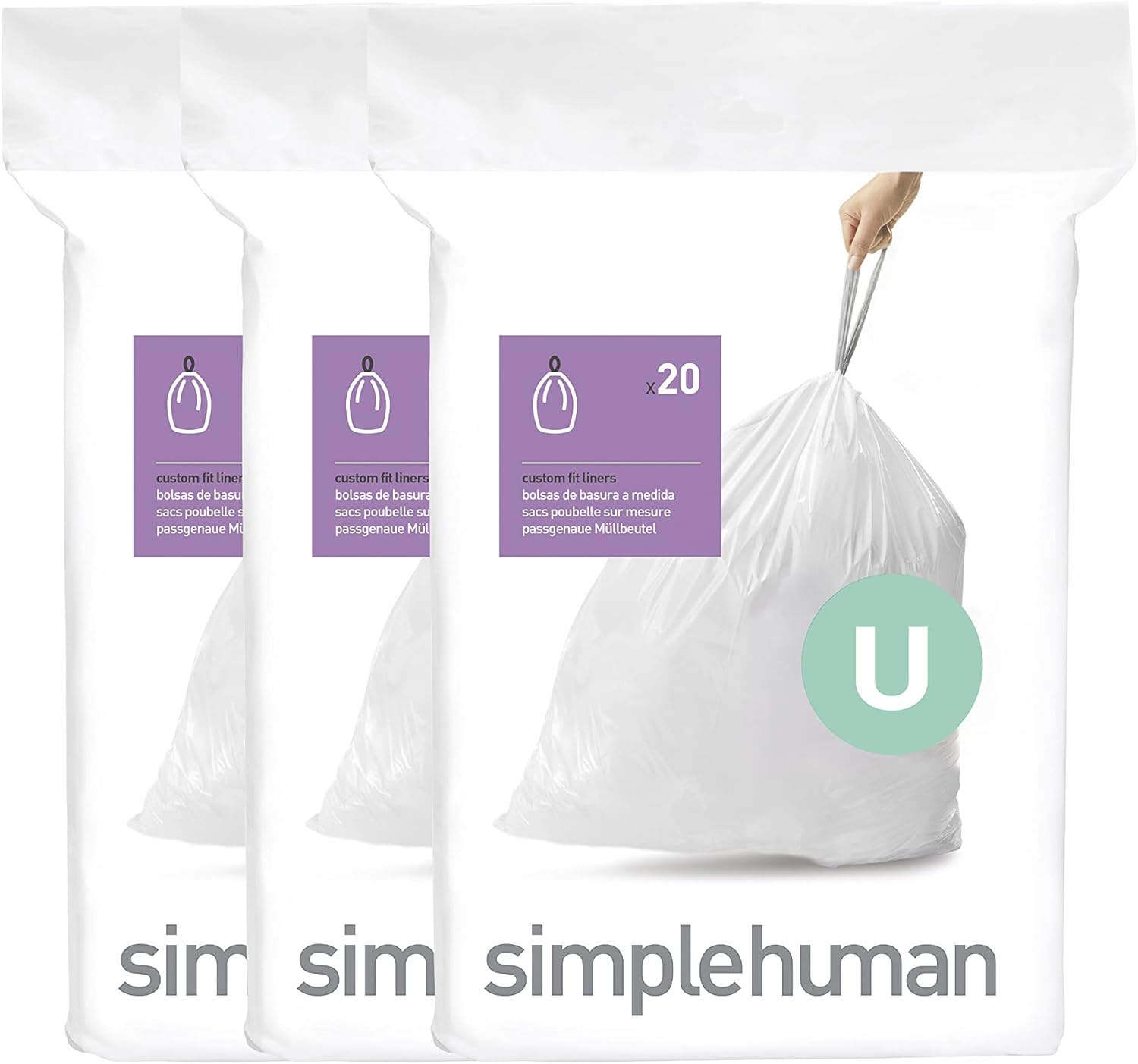 simplehuman Custom-Fit Trash Can Liners, Drawstring, White
