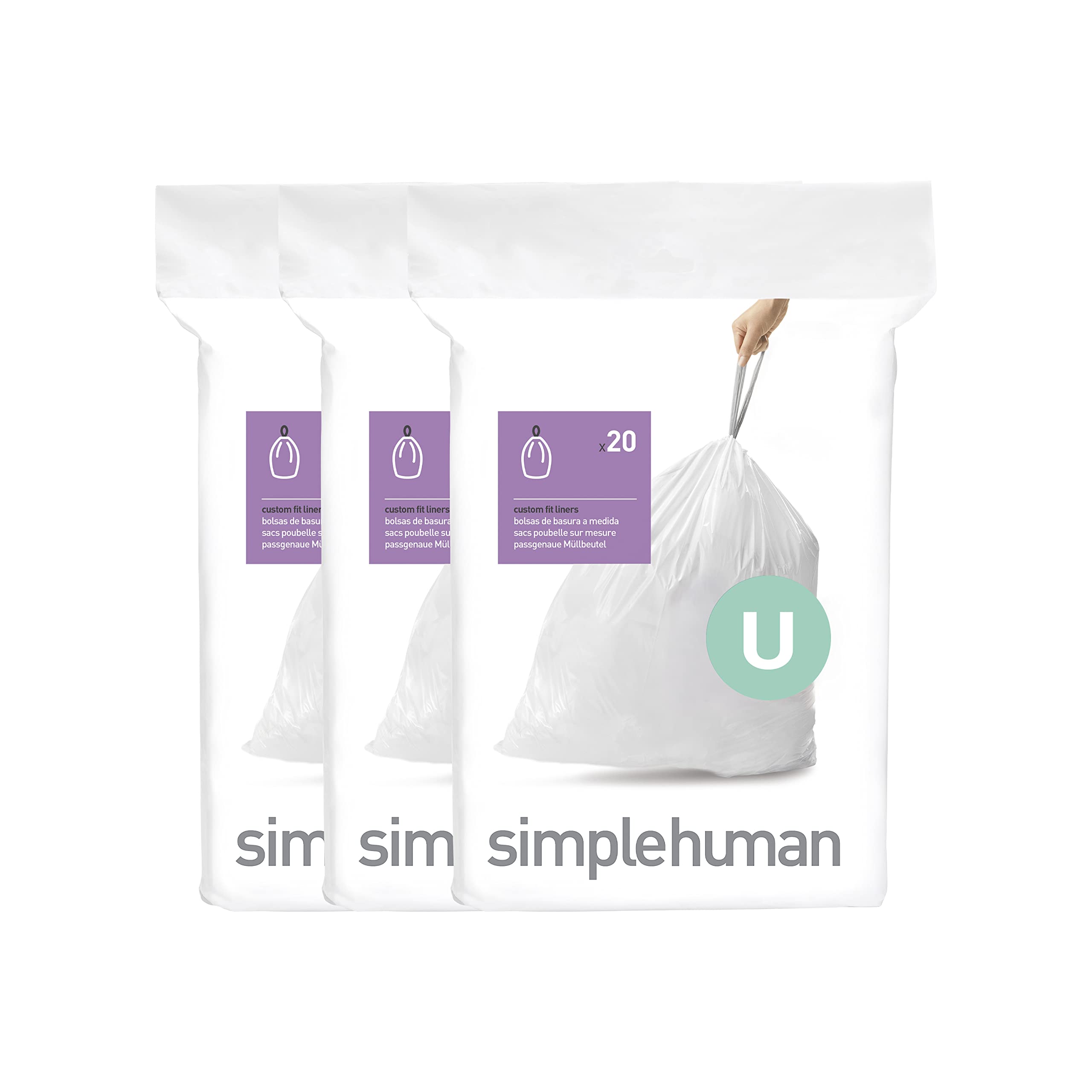 simplehuman Custom-Fit Trash Can Liners, Drawstring, White