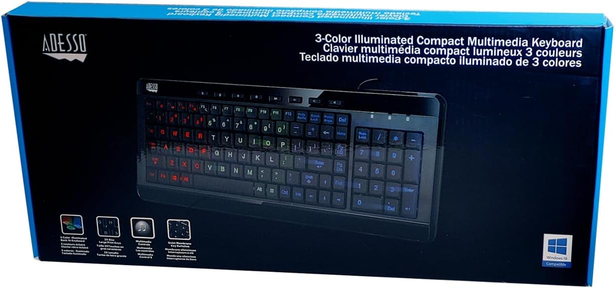 AKB-120EB 3-Color Illuminated Compact Multimedia Keyboard with Large Print Keys and Hotkeys