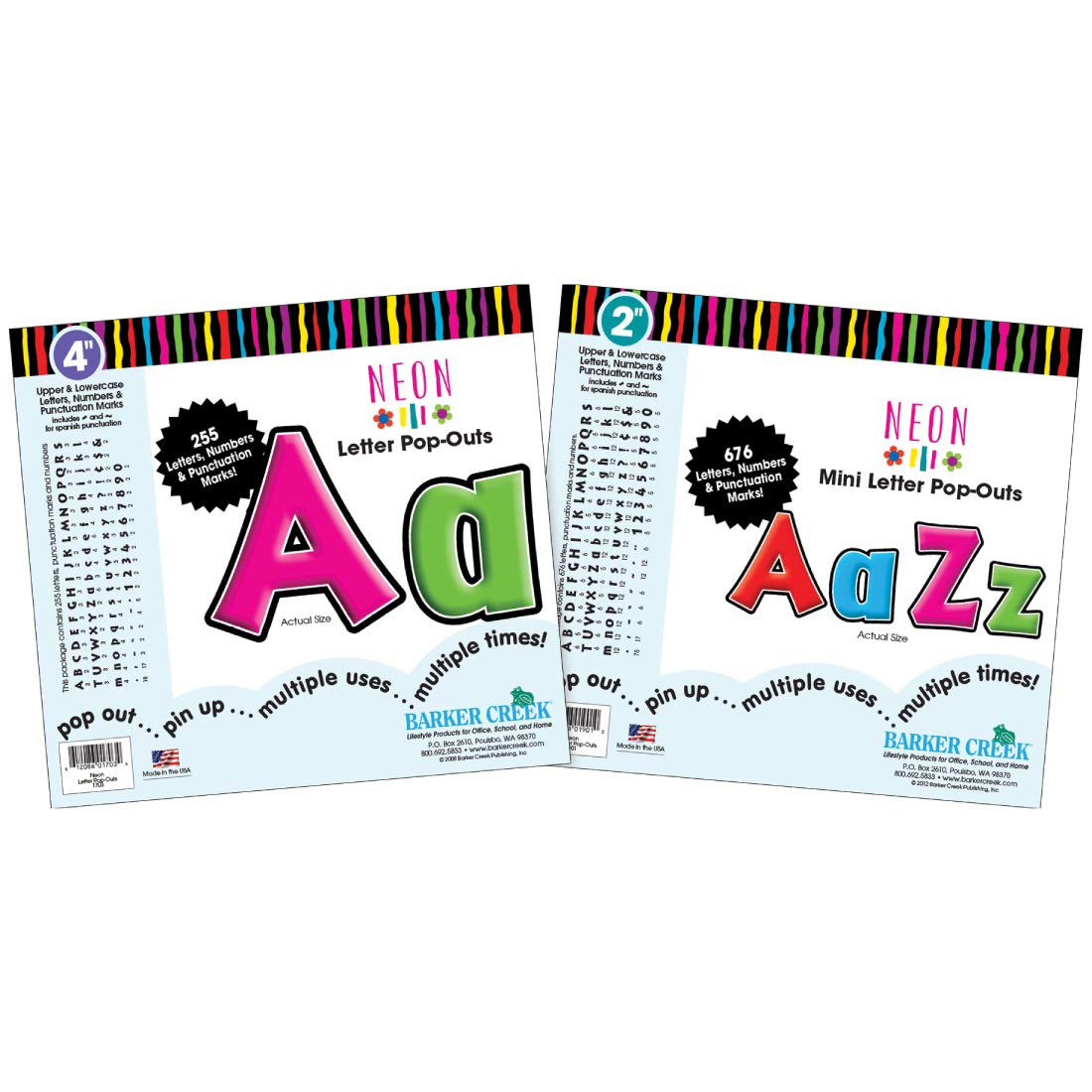 Barker Creek Letter Pop-Out Set, 2" & 4" Neon, Set Includes 255 4" and 676 2" Letters, Numbers & Punctuation Marks