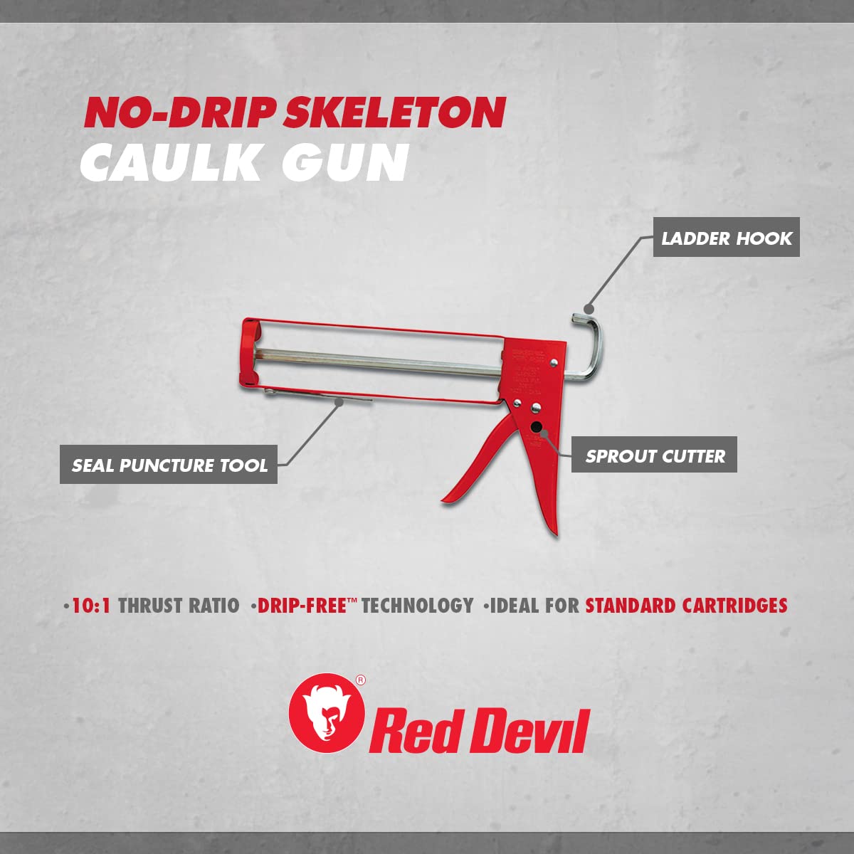 Red Devil 3984 9" Professional No Drip Caulk Gun - Thrust Ratio 10:1 Skeleton Drip Free