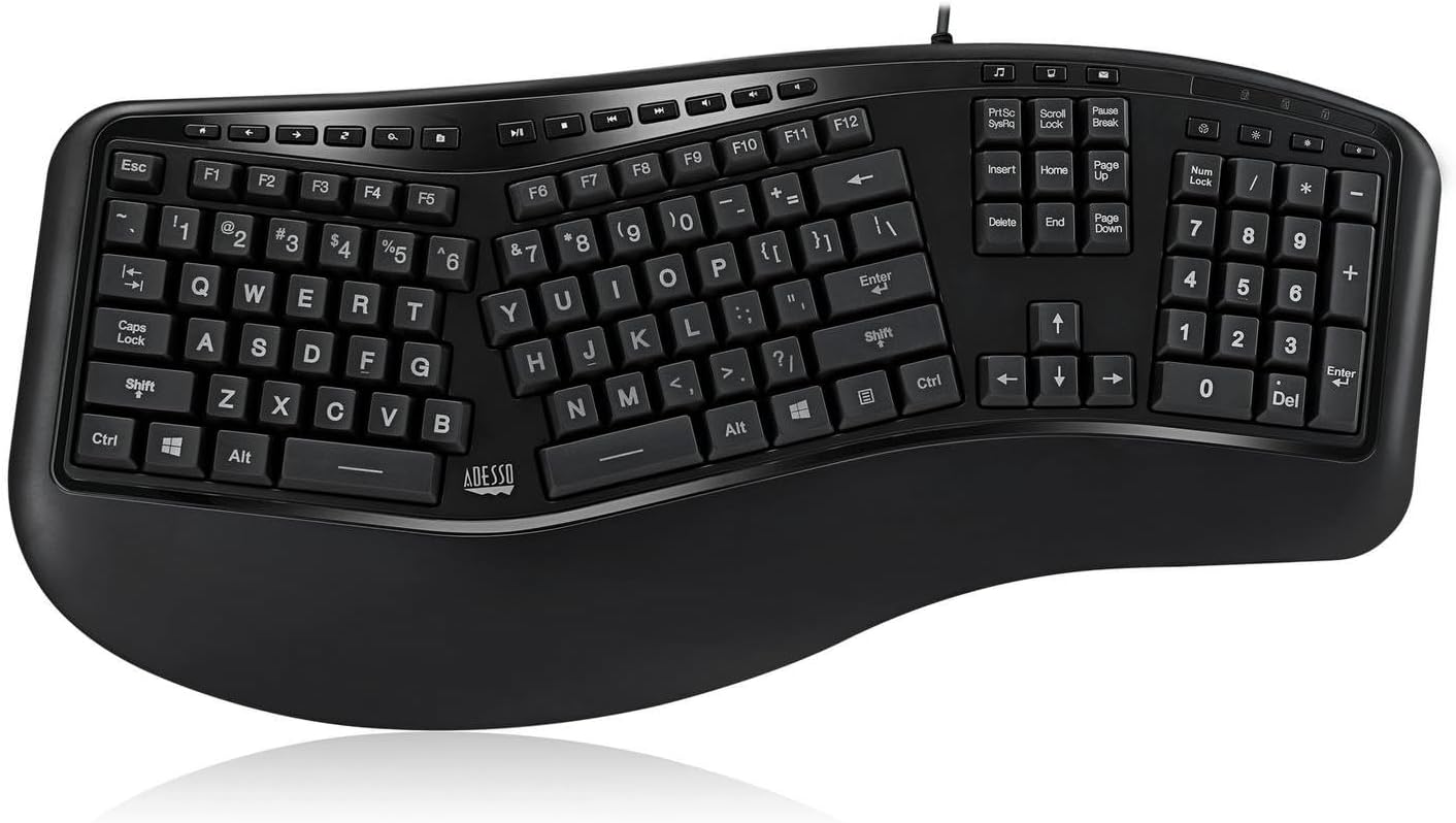 Adesso Tru-Form 150 3-Color Illuminated USB Ergonomic Keyboard, Black, AKB-150EB