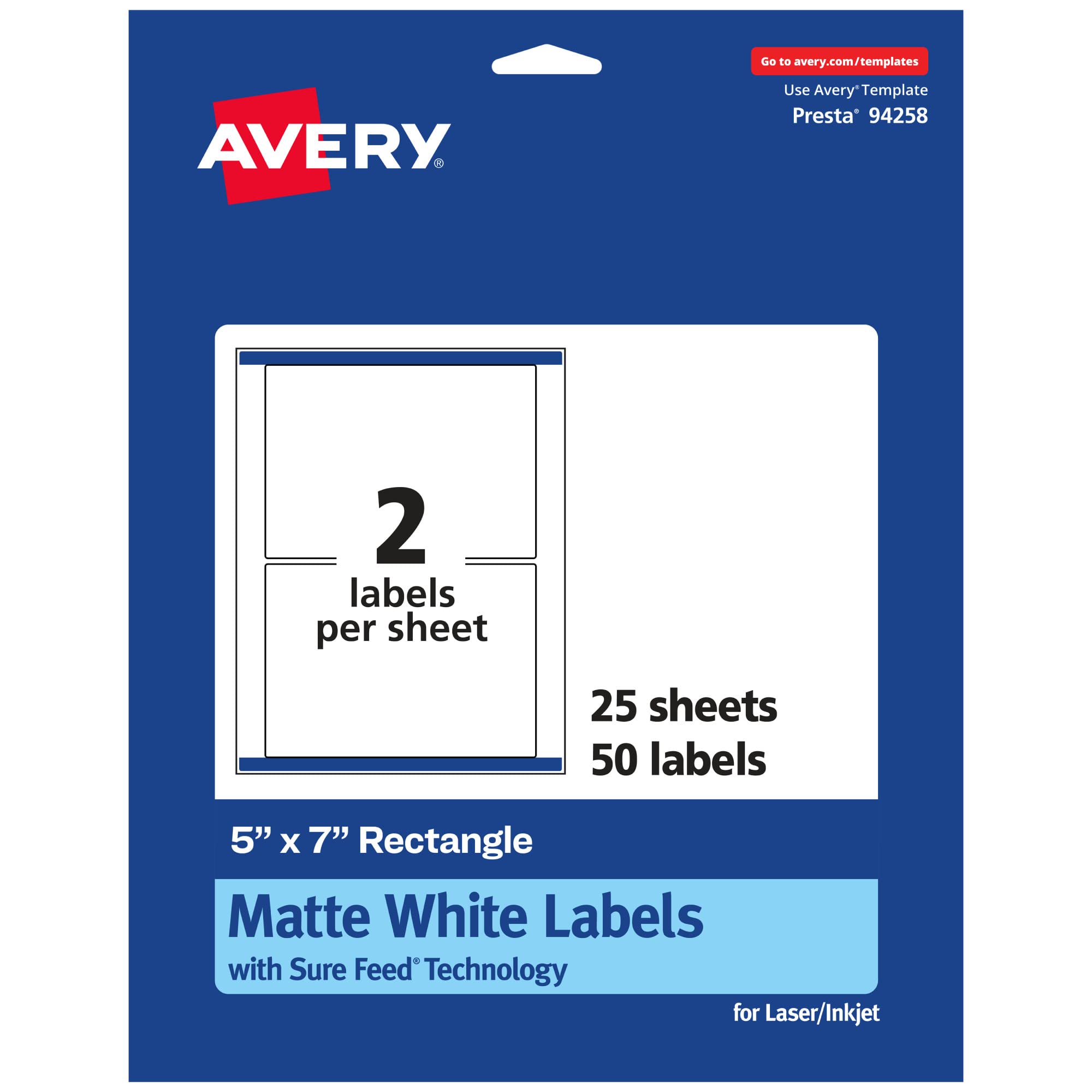 Avery Matte White Rectangle Labels, Sure Feed Technology, 5" x 7"