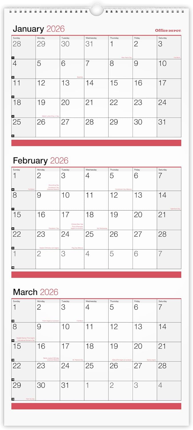 Office Depot Brand 3-Month Monthly Wall Calendar, 12" x 27", White, January 2026 to December 2026, OD30302826