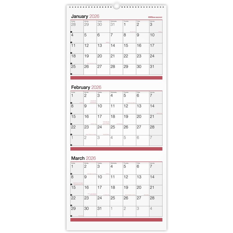Office Depot Brand 3-Month Monthly Wall Calendar, 12" x 27", White, January 2026 to December 2026, OD30302826