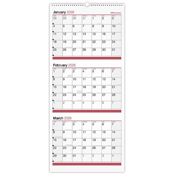 Office Depot Brand 3-Month Monthly Wall Calendar, 12" x 27", White, January 2026 to December 2026, OD30302826