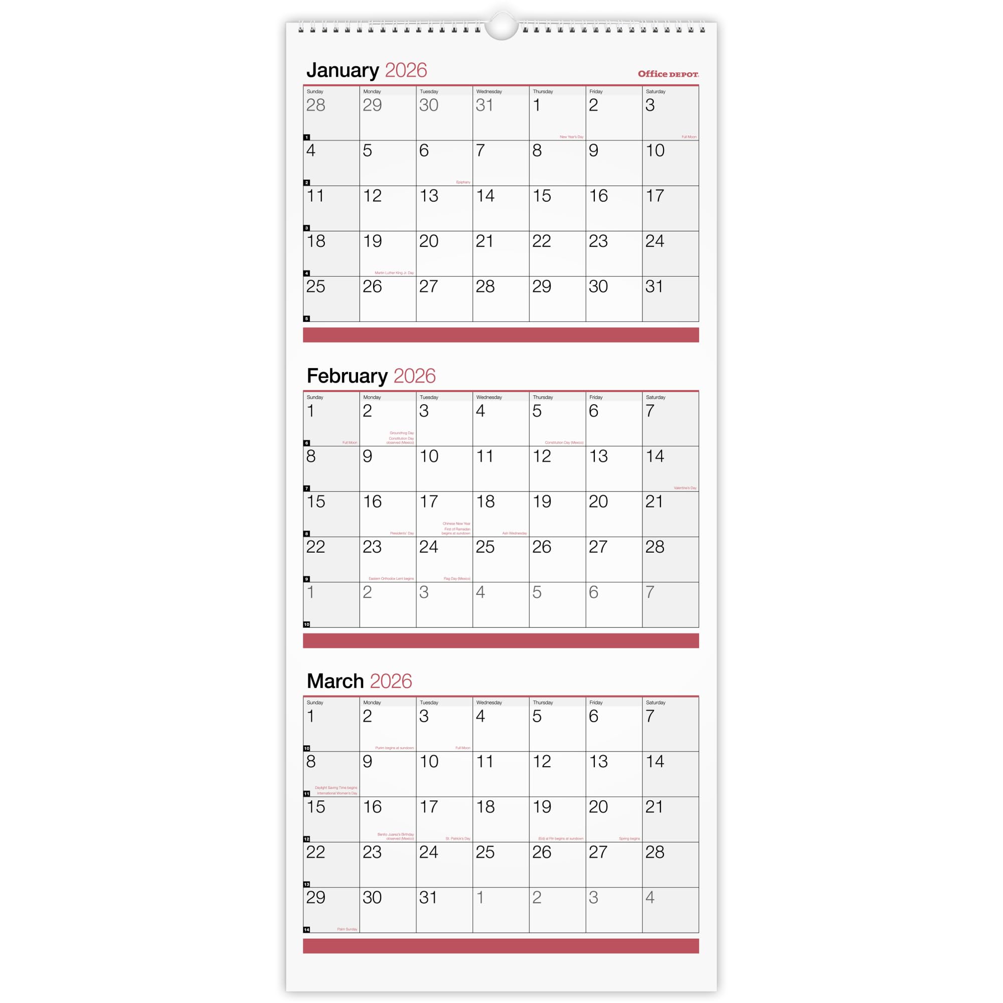 Office Depot Brand 3-Month Monthly Wall Calendar, 12" x 27", White, January 2026 to December 2026, OD30302826