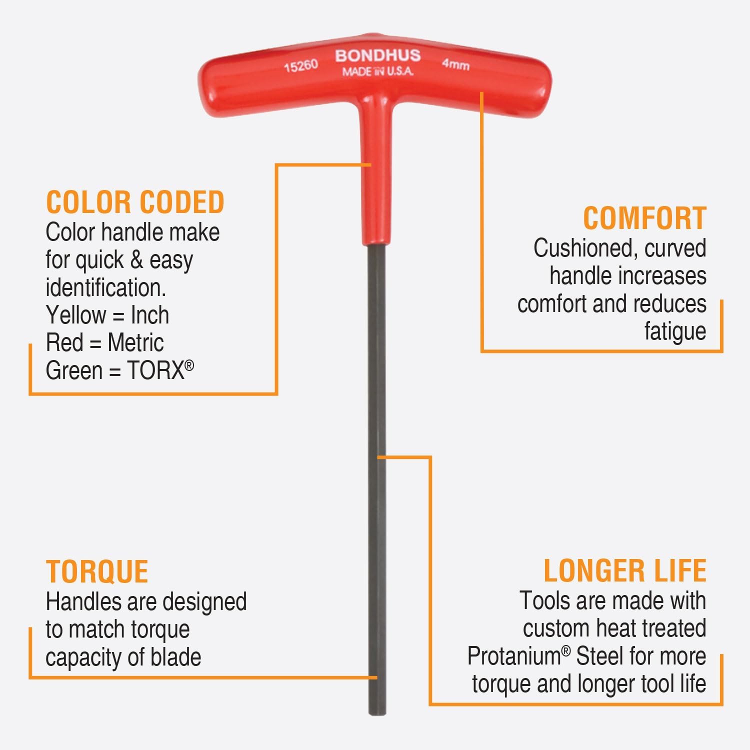 Bondhus 15260 4mm Hex Tip T-Handle with ProGuard Finish