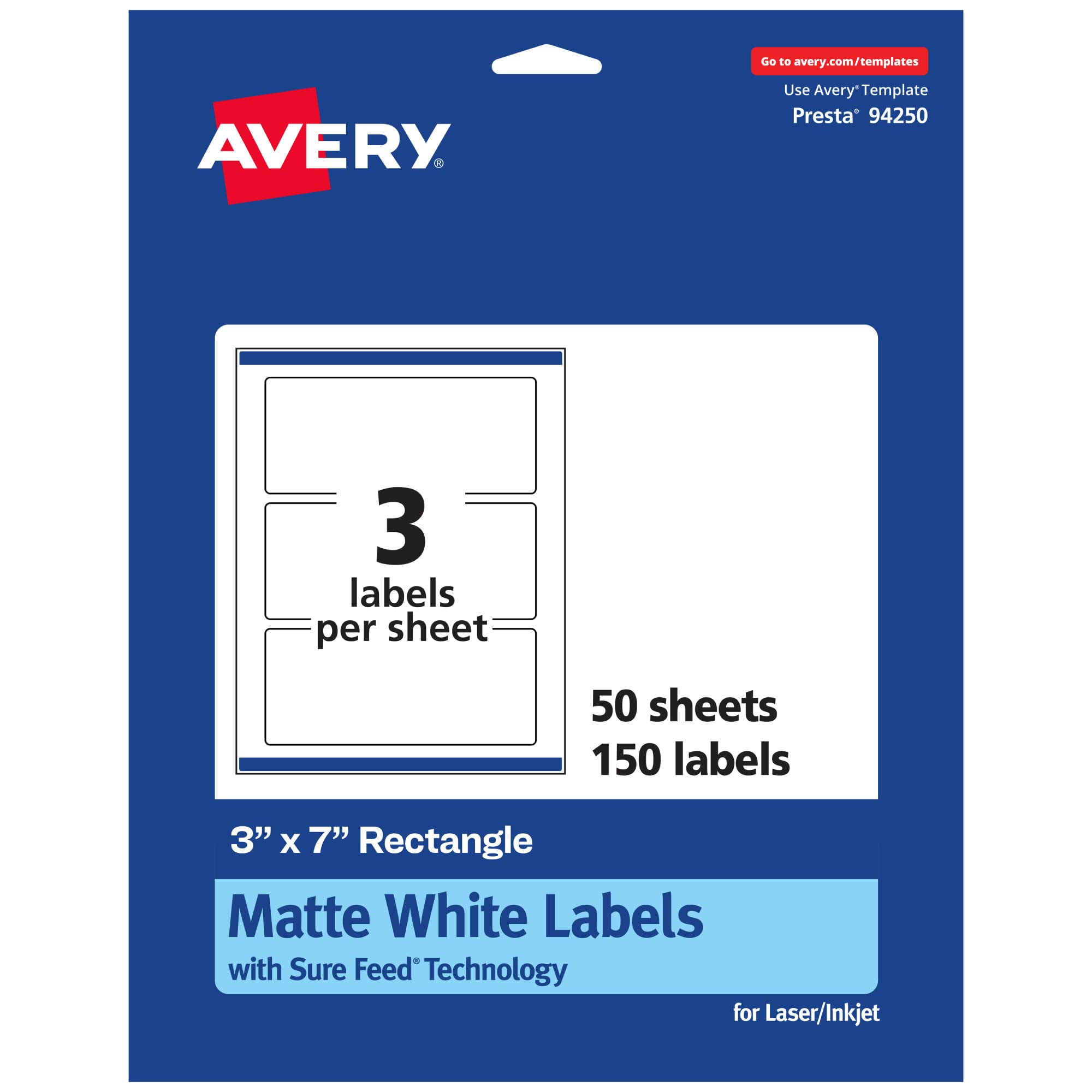 Avery Matte White Rectangle Labels with Sure Feed Technology, 3" x 7"