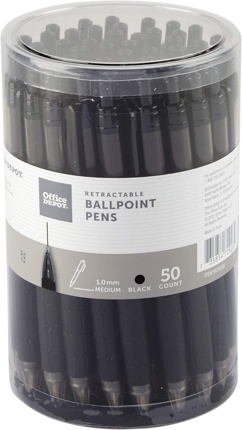 Office Depot® Brand Retractable Ballpoint Pens With Grips, Medium Point, 1.0 mm, Black Barrels, Black Ink, Pack Of 50 Pens