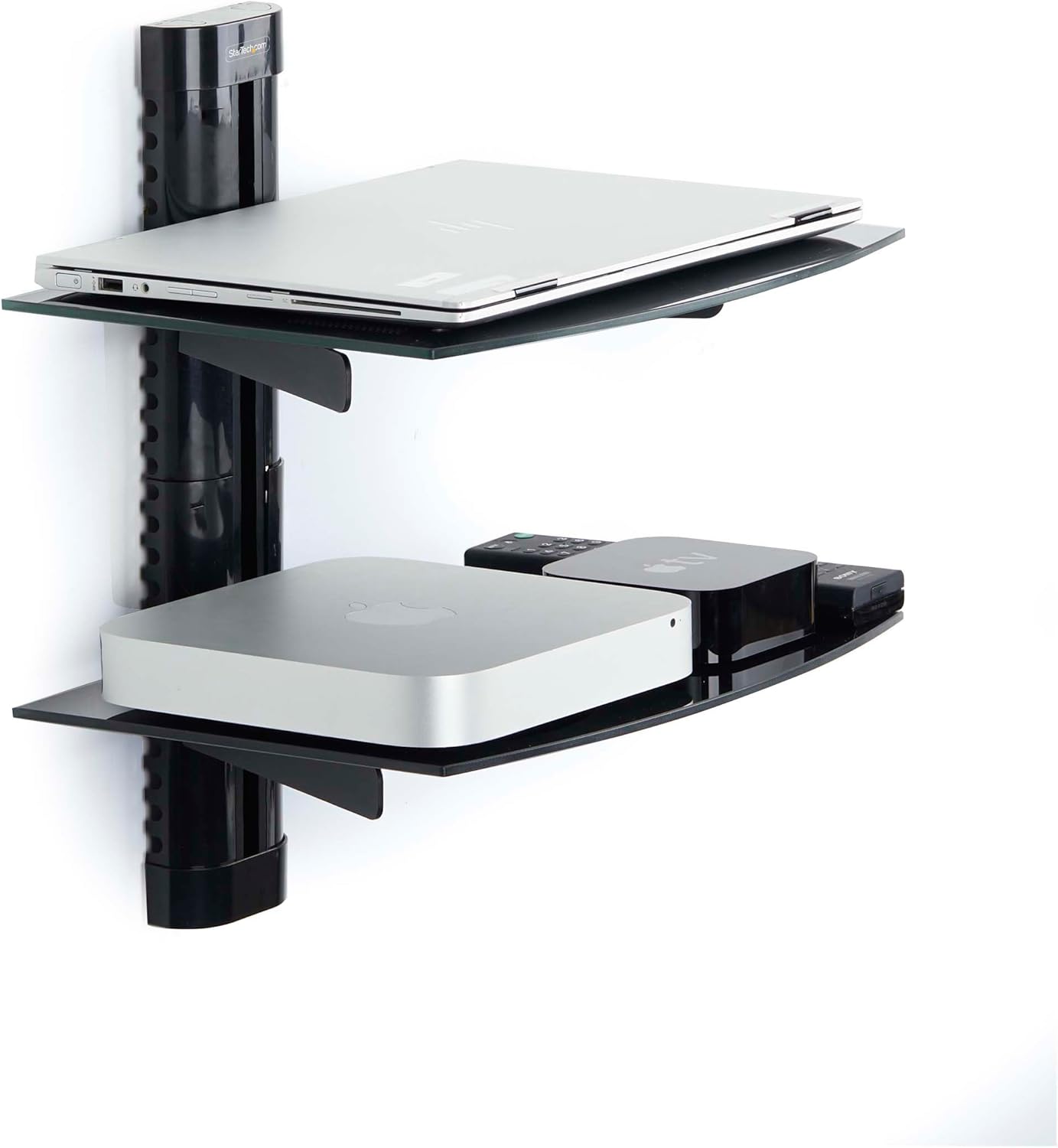 StarTech.com Floating Wall-Mounted AV Shelf, 5mm Black Tempered Glass, Adjustable Height