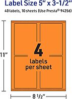 Avery Printable Rectangle Labels, Sure Feed Technology, 5" x 3.5", Bright Orange