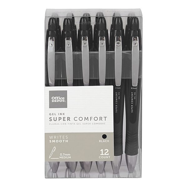 Office Depot Super Comfort Grip Retractable Gel Pens, Medium Point, 0.7 mm, Black Barrel, Black Ink, Pack of 12