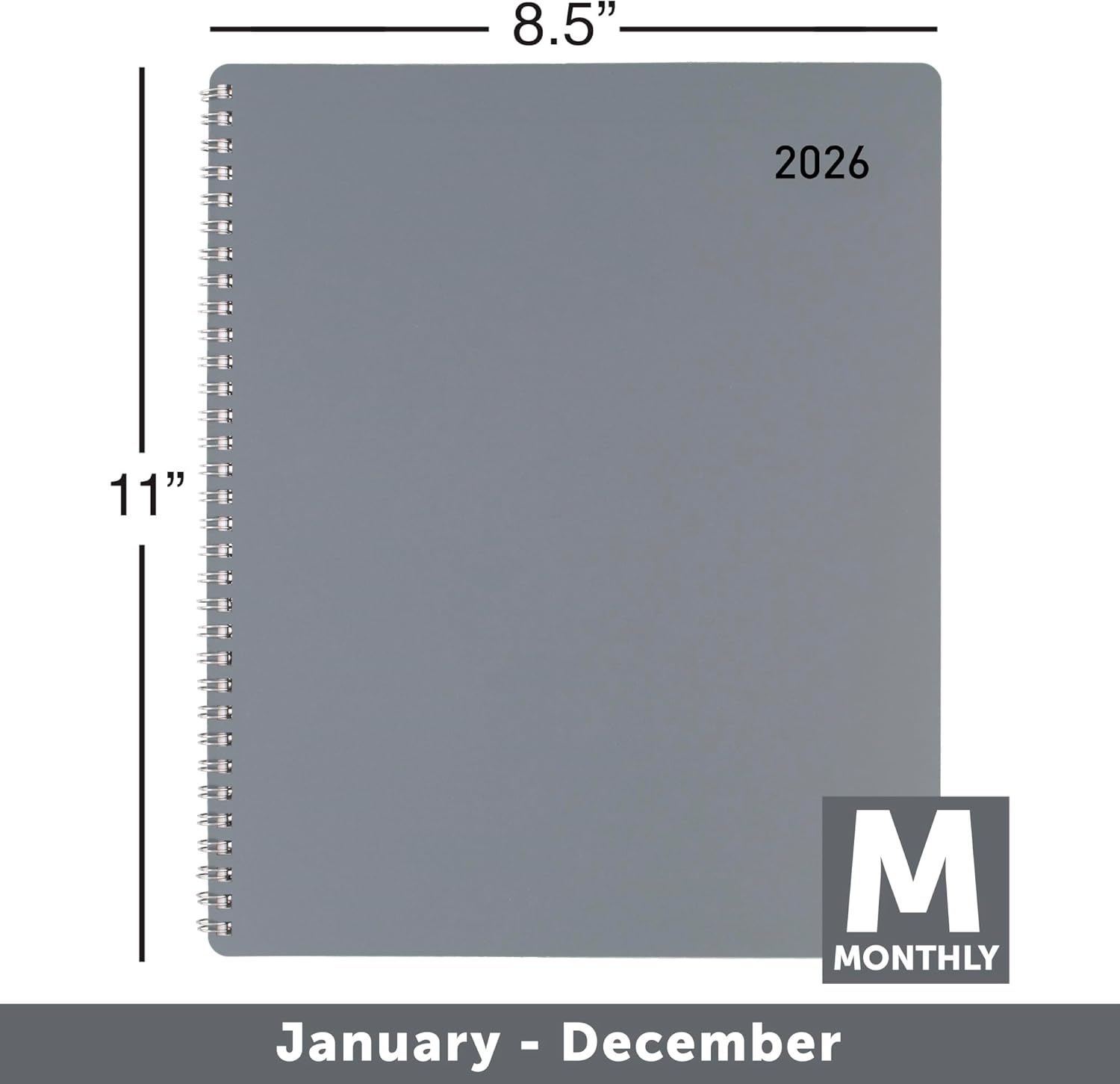 Office Depot Brand Monthly Planner, 8 1/2" x 11", Silver, January 2026 to December 2026, OD00163026