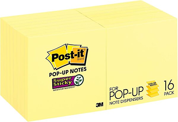 Post-it Super Sticky Pop Up Notes, 16 Pads, 3 in x 3 in, Canary Yellow