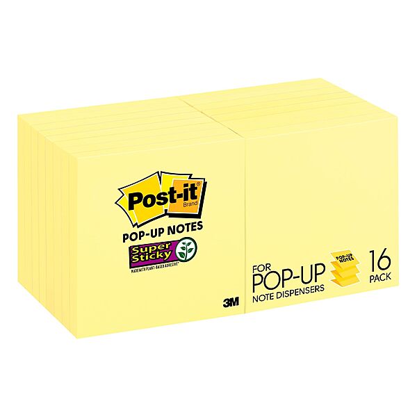 Post-it Super Sticky Pop Up Notes, 16 Pads, 3 in x 3 in, Canary Yellow