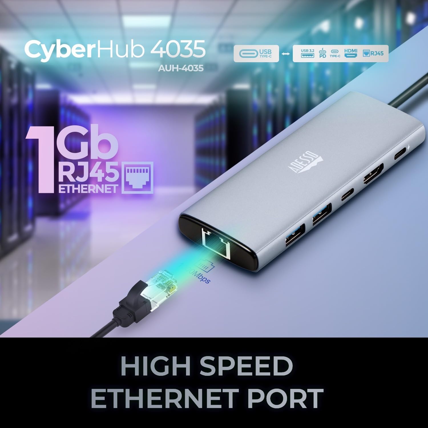Adesso AUH-4035 7 in 1 Docking Station, Supports USB C to x1 4K HDMI, 3X USB-A 3.2, 1x PD, 1x Micro SD, 1x SD Card
