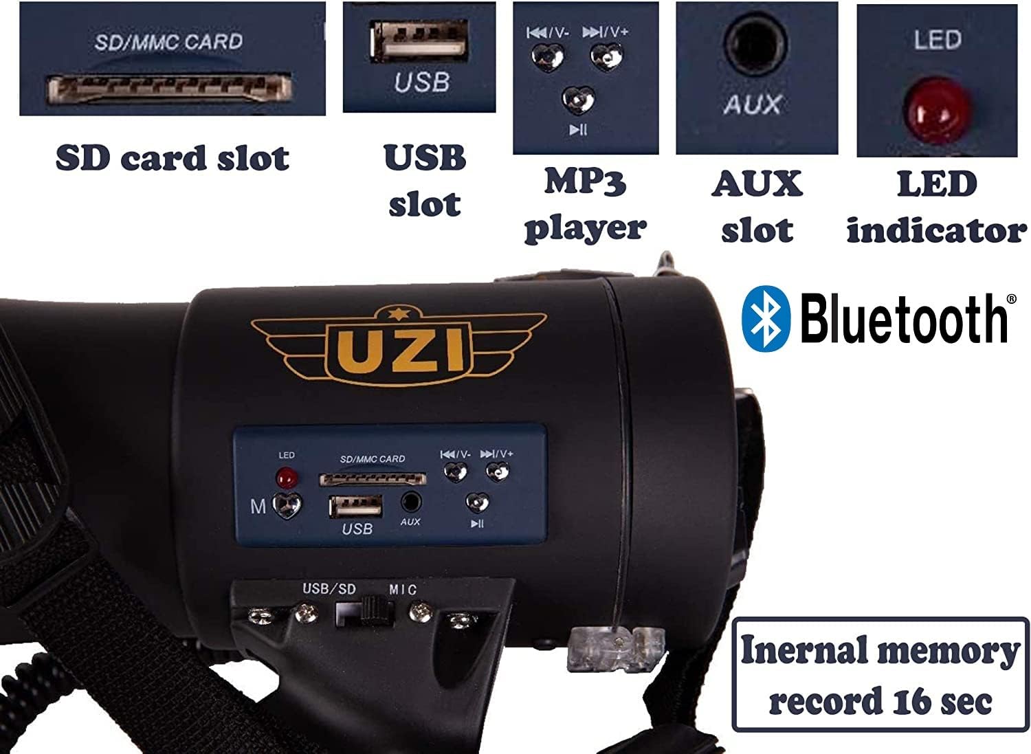 Uzi High Power Loud Big Megaphone 50W, Bluetooth, Real Siren, Bullhorn, Rechargeable Battery, Portable Professional Speaker