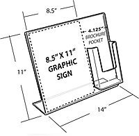 Azar Displays 252056-2pack L-Shaped Slated Acrylic Sign Holder with Attached Brochure Holder 14" Width by 11" Height (Pack