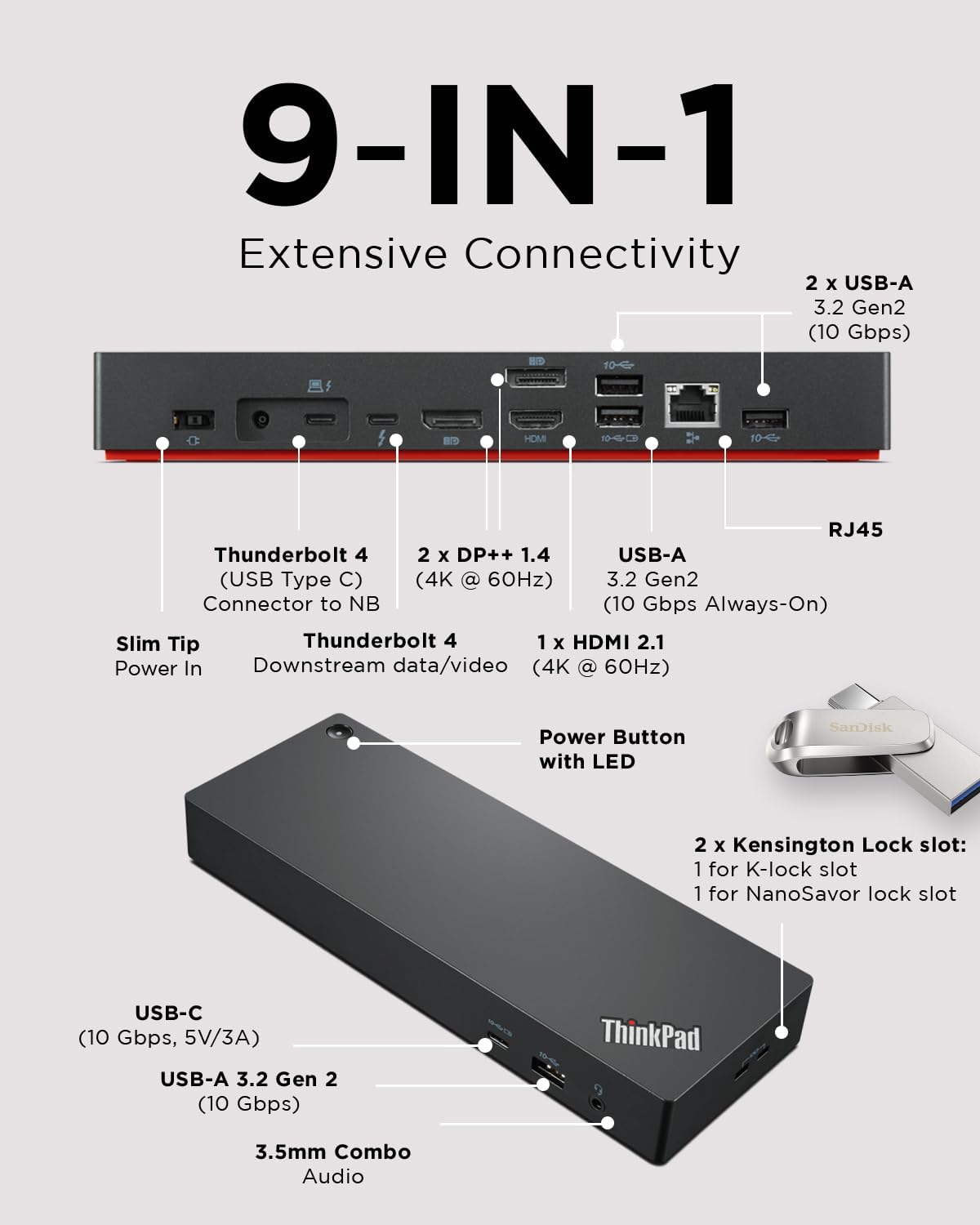 Lenovo ThinkPad Universal Thunderbolt 4 Dock, 4 Displays, Dynamic Power Charging up to 100W, Black
