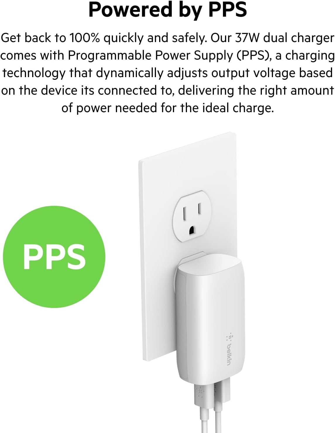 Belkin USB C Charger Block 37W - Power Delivery 25W USB-C Port + 12W USB-A Port for PPS Charging Apple iPhone 16, 16