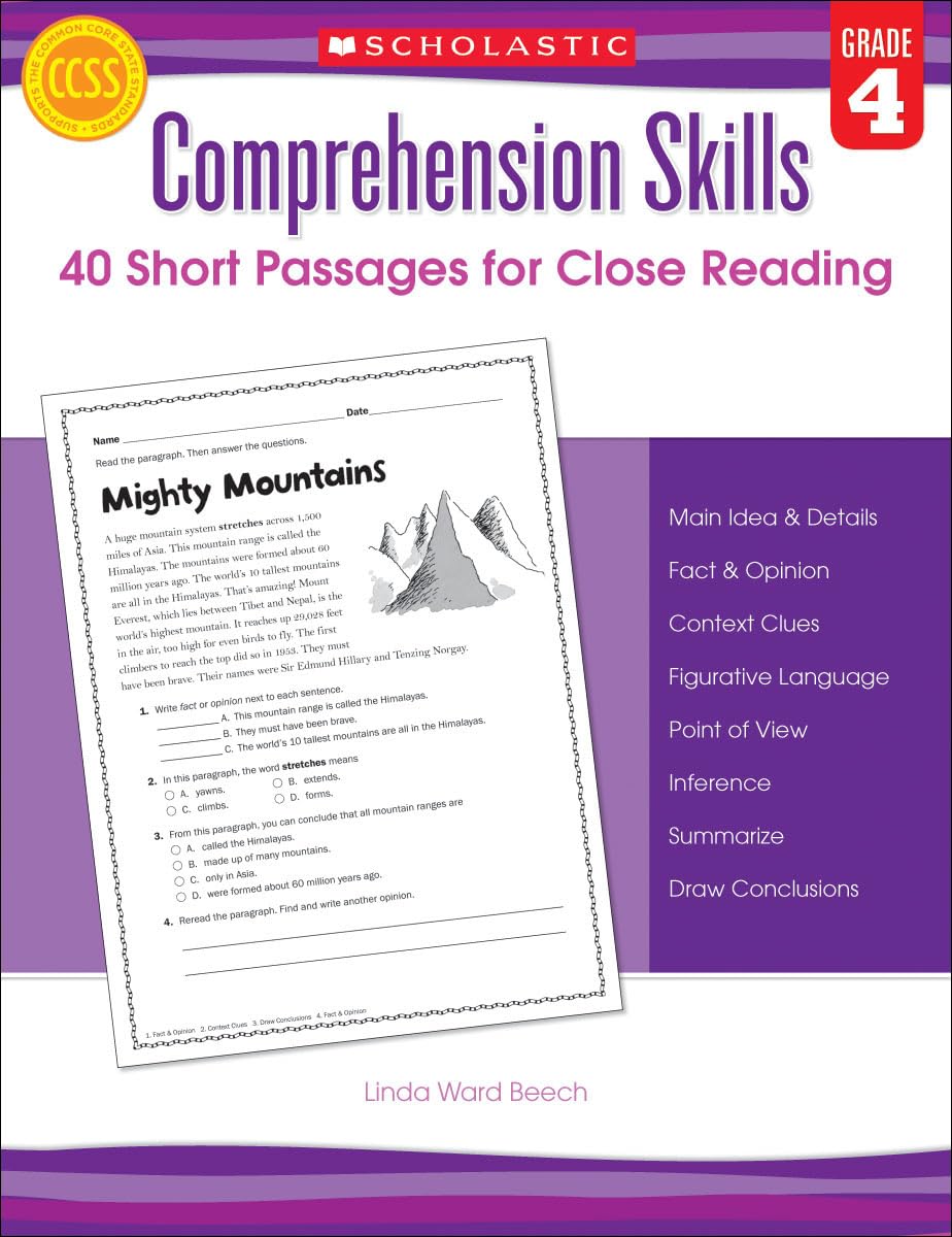 Scholastic Comprehension Skills: 40 Short Passages For Close Reading, Grade 4