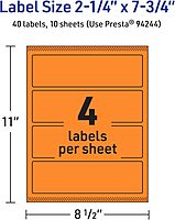 Avery Printable Rectangle Labels, Sure Feed Technology, 2.25 x 7.75 in, Bright Orange, Print-to-The-Edge, Laser/Inkjet