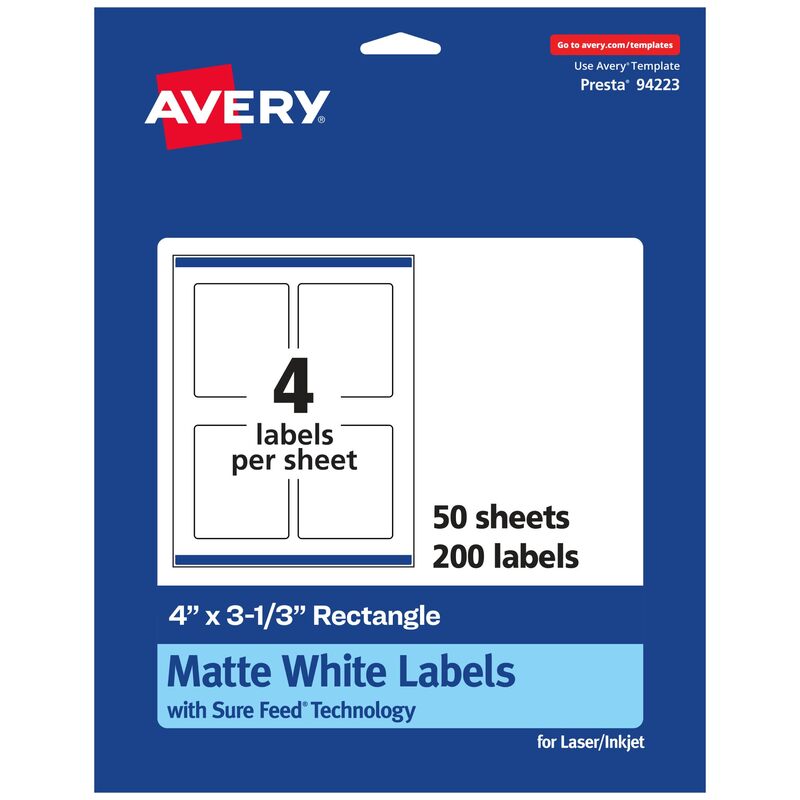 Avery Matte White Rectangle Labels, Sure Feed Technology, 4" x 3-1/3"