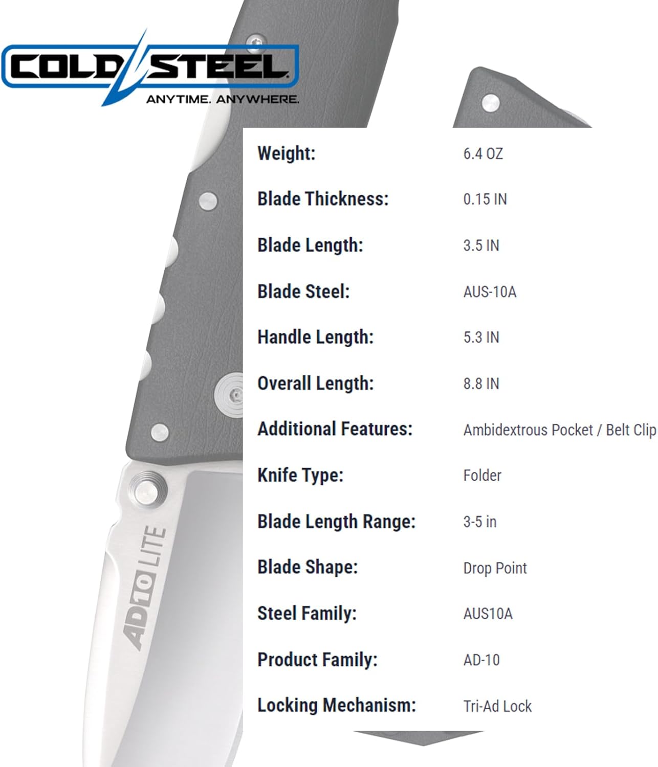 COLD STEEL AD-10 Lite Folding Knife — AUS10A Blade, GFN Handle, Tri-Ad Lock