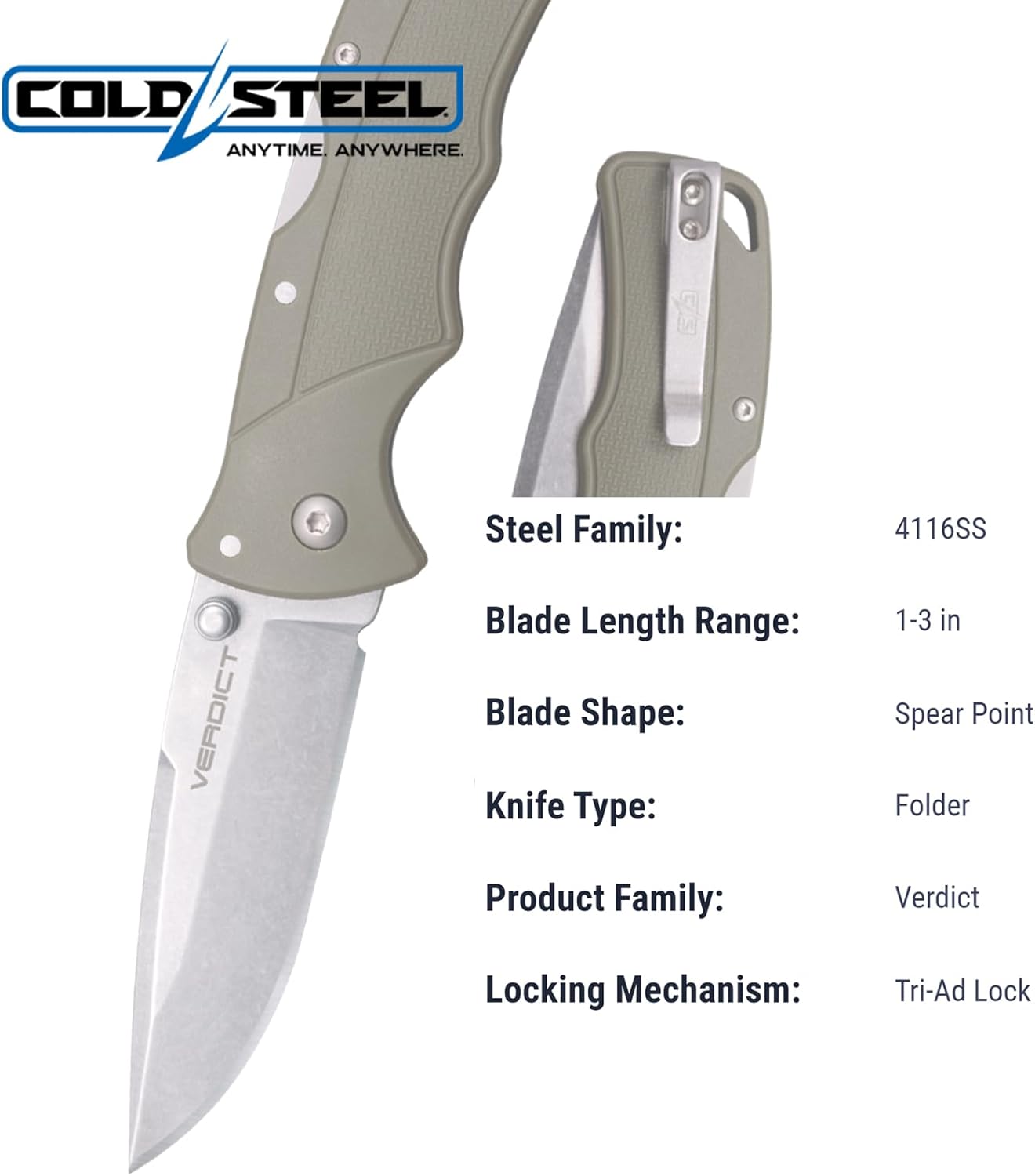 COLD STEEL Verdict Folding Knife with 4116SS GFN Handle and Tri-Ad Lock