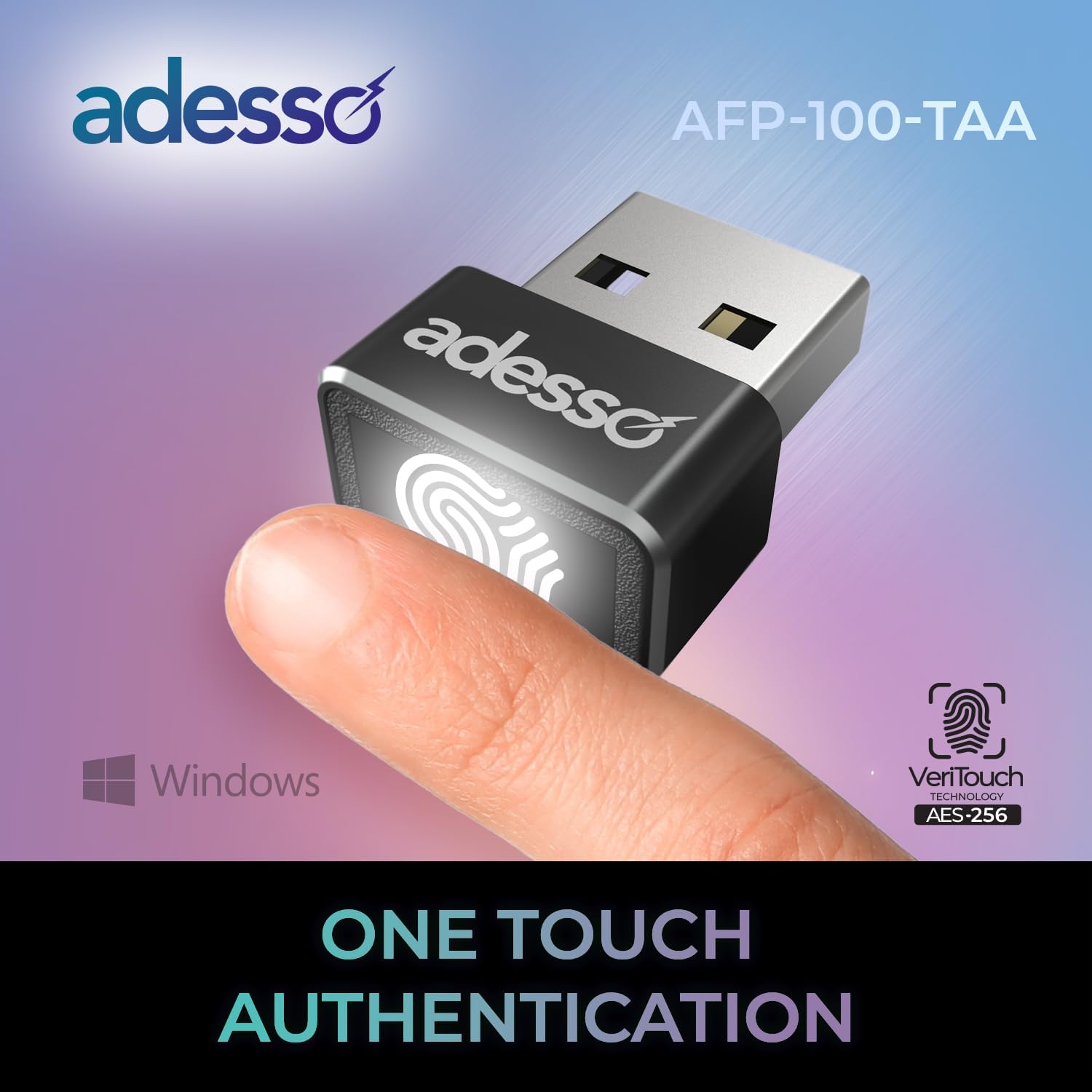 Adesso USB Fingerprint Reader Windows Hello Compatible Built-in Biometric Security AES256 Encryption Made in Taiwan TAA