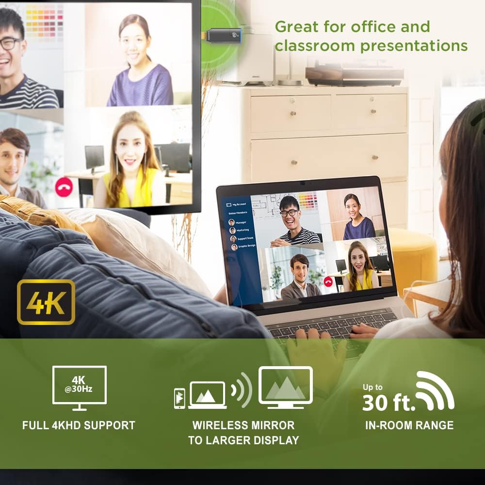 IOGEAR Mini Wireless 4K HDMI Video Screen Sharing Adapter - Wireless 2.4/5GHz withWPA-2 Security - Up to 30Ft