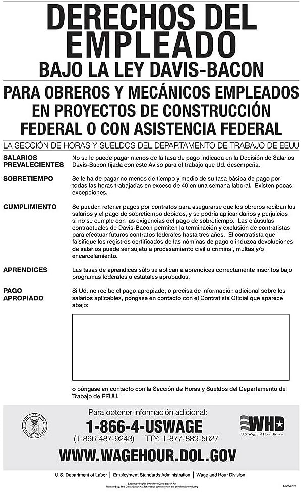 ComplyRight Federal Contractor Posters, Davis-Bacon Act, Spanish, 11in x 17in
