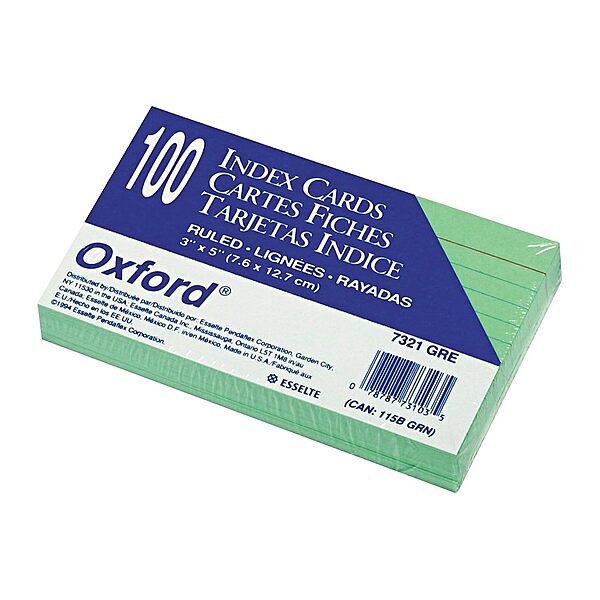 Oxford Ruled Color Index Cards, 3" x 5", Green, 100 Per Pack (7321 GRE)