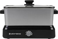 West Bend Versatility Slow Cooker Large Capacity Non-stick Cooking Vessel & Variable Temperature Heating Base Includes Travel Lid and Storage Bag, Range and Oven-Safe Cooking Pot, 5-Quart, Silver