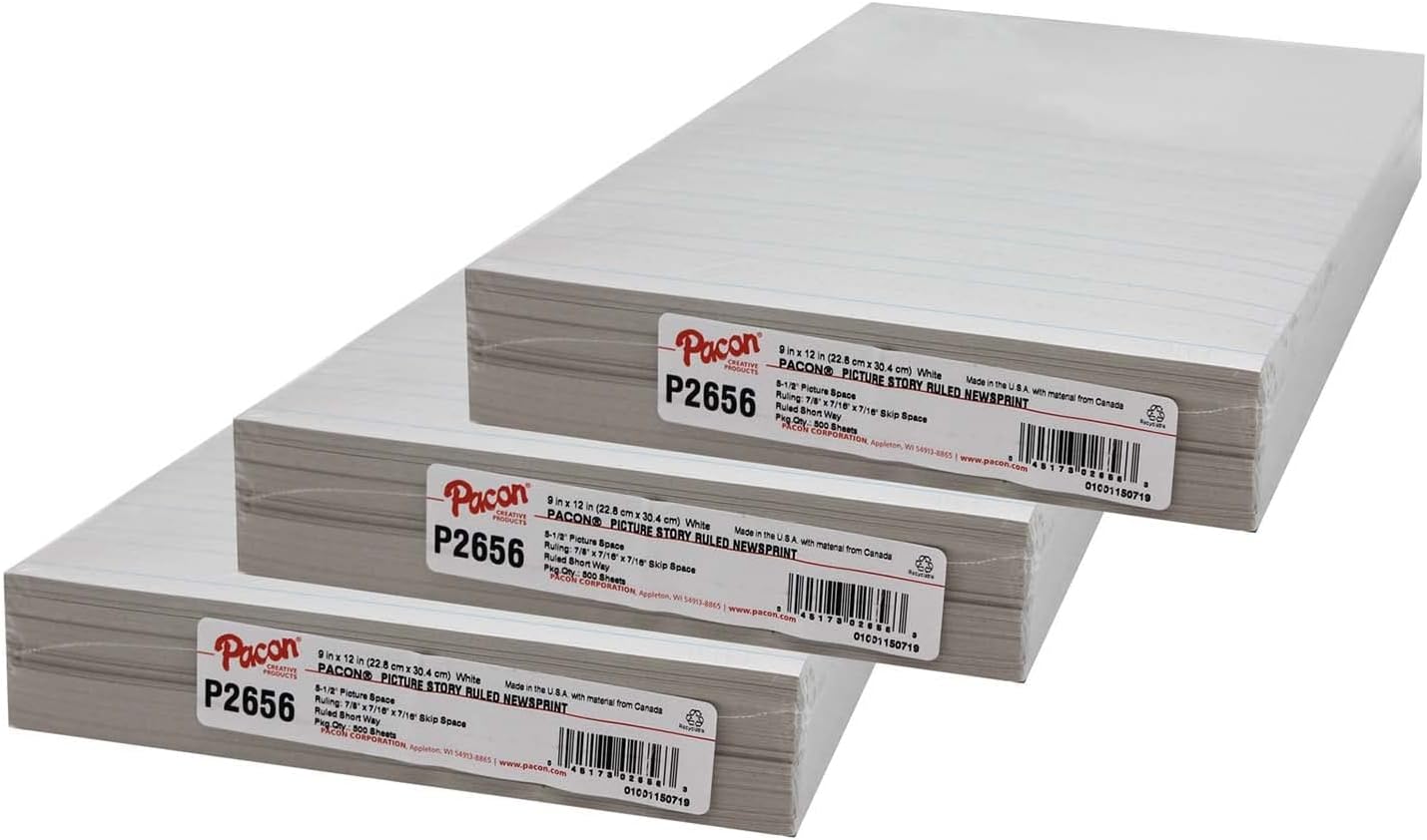 Pacon Newsprint Handwriting Paper, Picture Story, Ruled Short, 9" x 12", 500 Sheets, 3 Packs