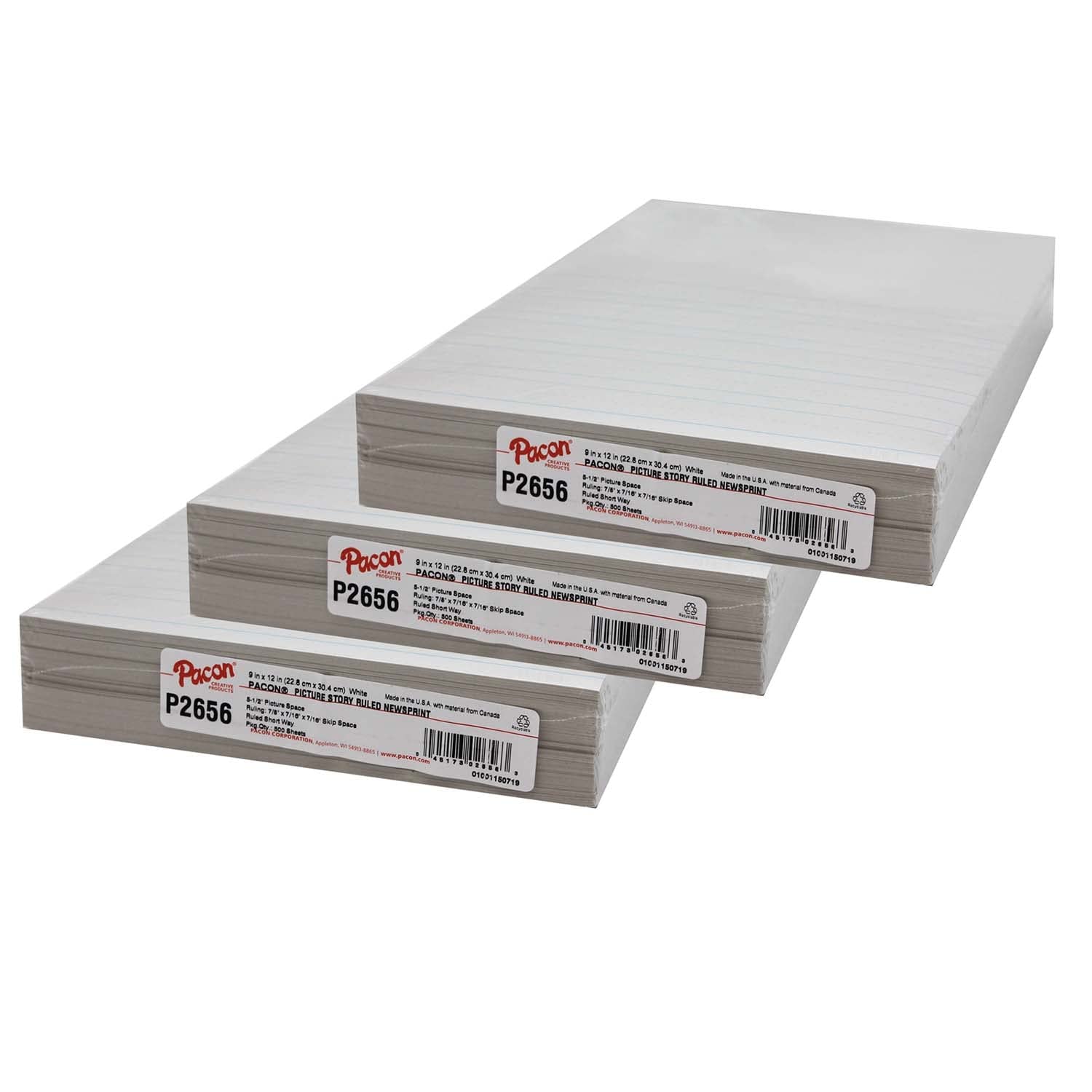 Pacon Newsprint Handwriting Paper, Picture Story, Ruled Short, 9" x 12", 500 Sheets, 3 Packs